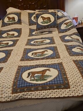 Horse Motif Quilted Bedspread in Brown and Blue by